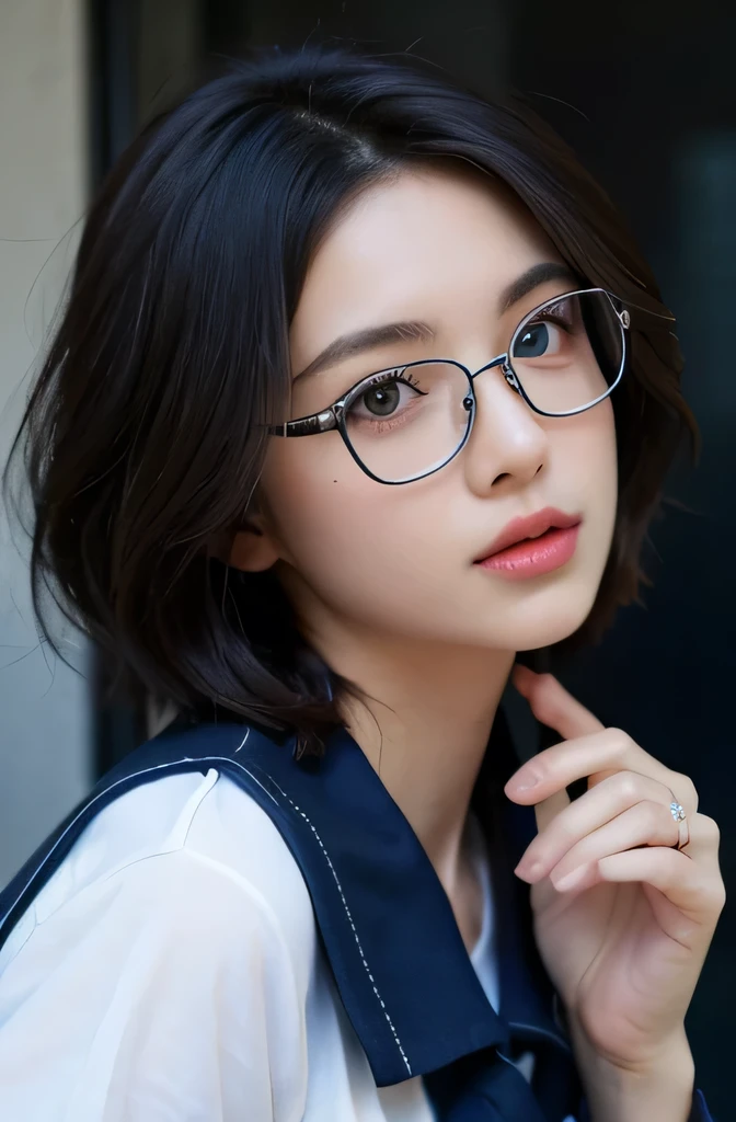 Solo, 1girl, masterpiece, best quality, extremly detailed, Cinematic lighting, intricate detail, highres, official art, finely detailed beautiful face and eyes, high resolution illustration, 8k, dark intense shadows, overexposure, [white hair], short hair, blue eyes, glasses, upper body, large breasts, school shirts,navy shirt ,college, looking at the viewer