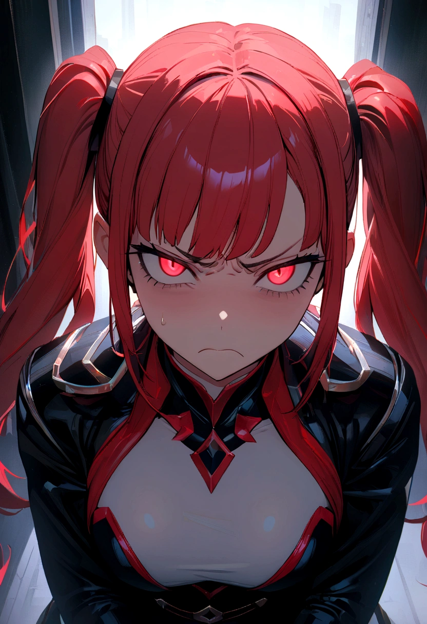 1girl, pigtails red hair, red eyes, high res, ultrasharp, 8K, , looking at viewer with disgust, looking disappointed and angry. 