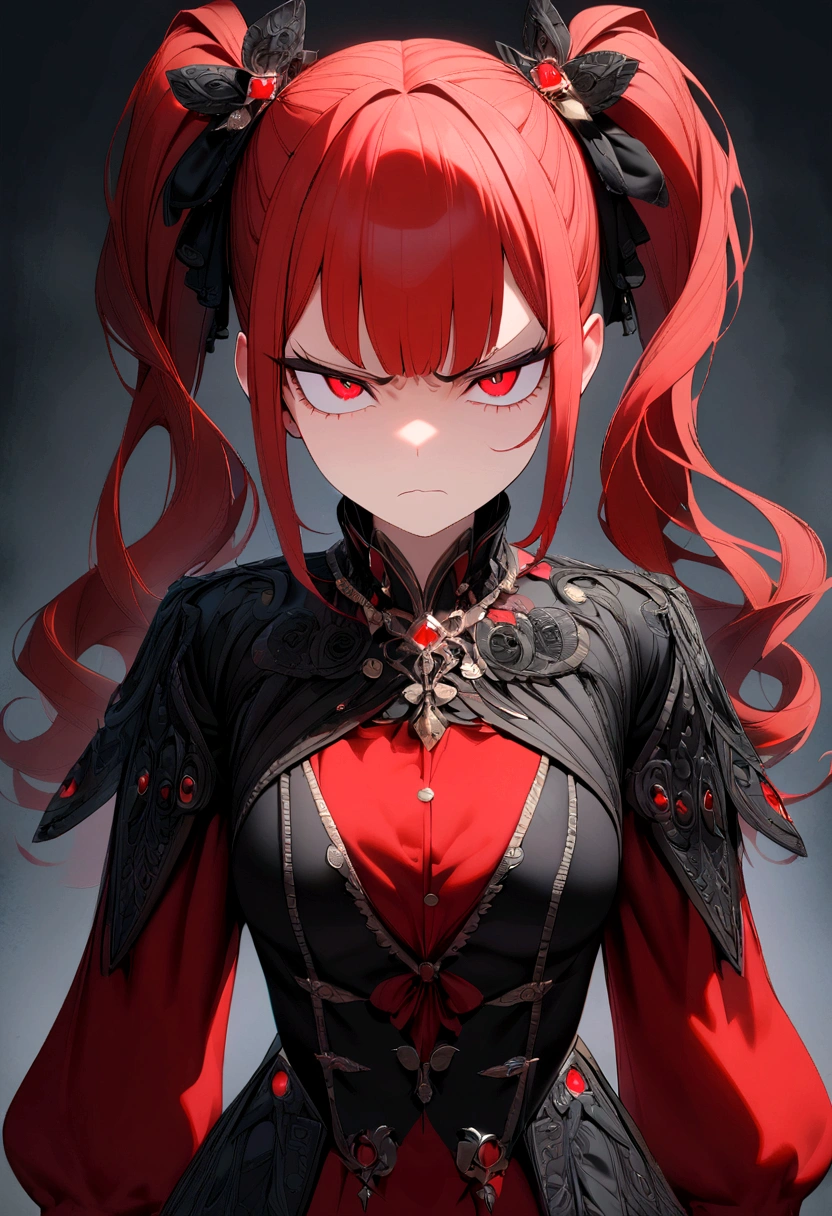1girl, pigtails red hair, red eyes, high res, ultrasharp, 8K, , looking at viewer with disgust, looking disappointed and angry.