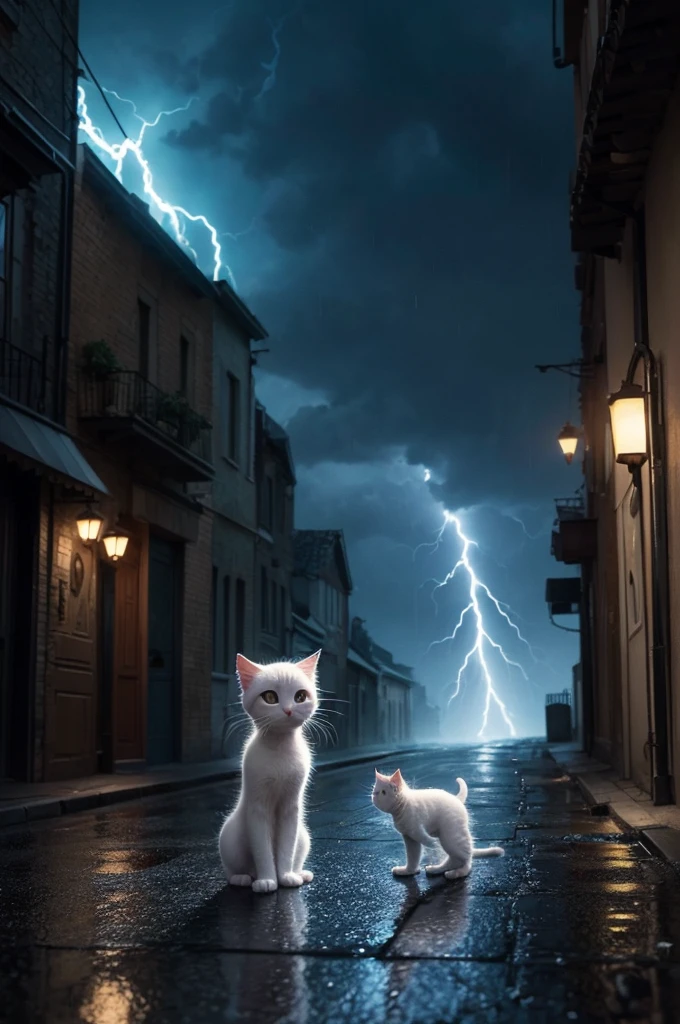 ((Best quality)), ((pixar animation)), (detailed), white kitten, on a dark street, raining a lot, lightning, is abandoned