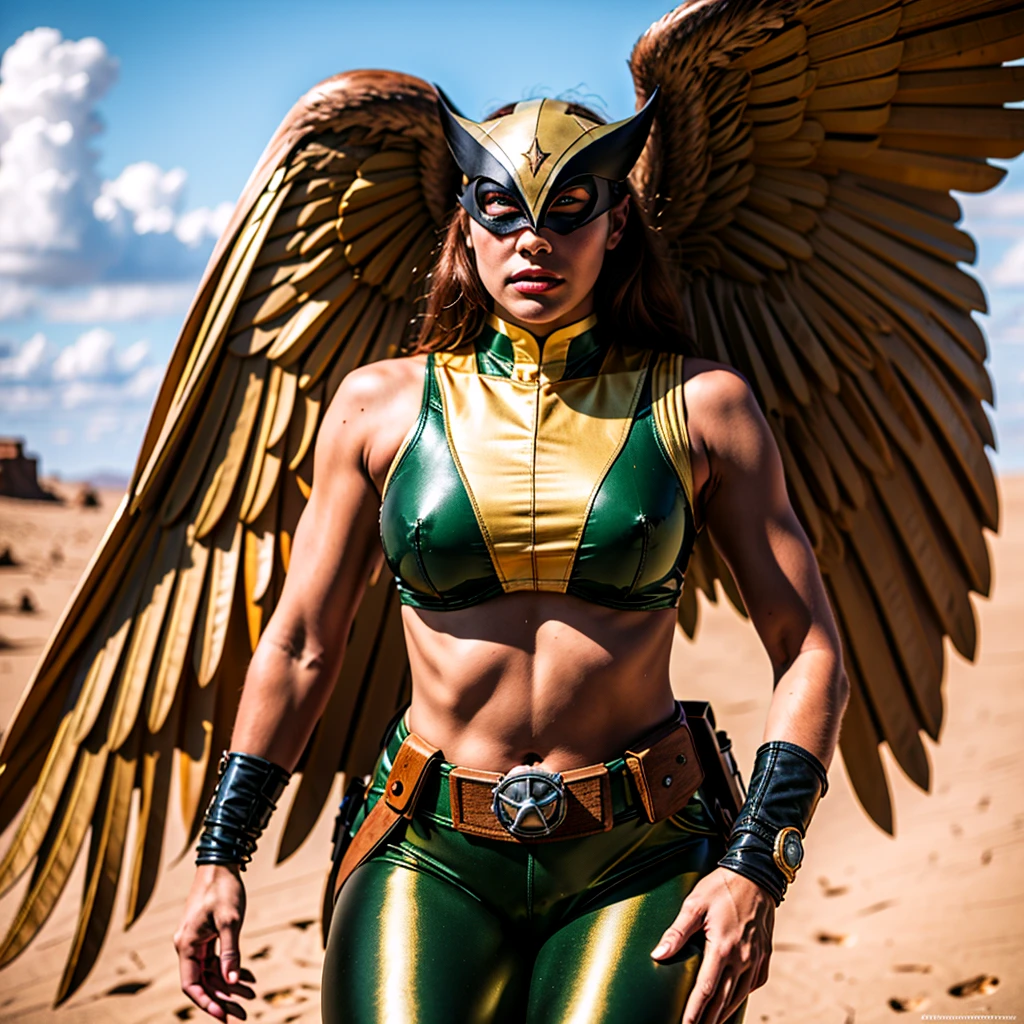 (cowboy shot), (masterpiece), (best quality:1.0), (ultra highres:1.0), highly detailed face and eyes, BREAK ShayeraDC, green eyes, mask, metal wings, wings, green and gold crop top, shoulder pauldron, gauntlets, pantyhose, midriff, belt, BREAK desert, clouds, Large breasts, thick thighs 