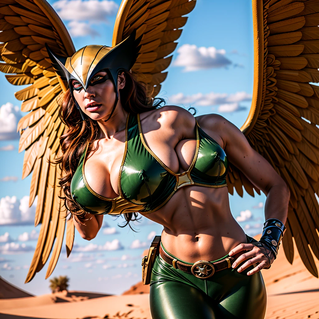 (cowboy shot), (masterpiece), (best quality:1.0), (ultra highres:1.0), highly detailed face and eyes, BREAK ShayeraDC, green eyes, mask, metal wings, wings, green and gold crop top, shoulder pauldron, gauntlets, pantyhose, midriff, belt, BREAK desert, clouds, Large breasts, thick thighs 