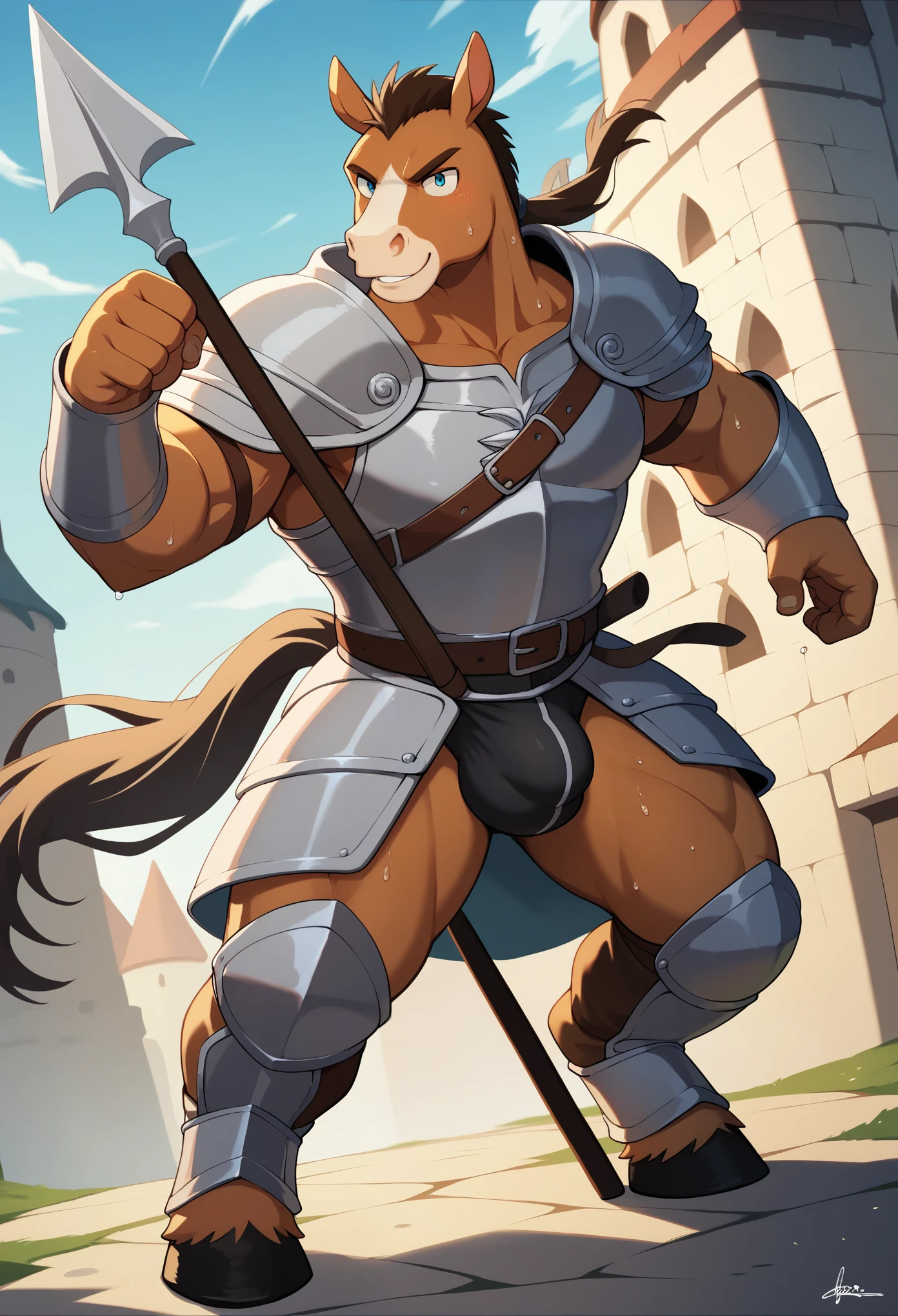 Top Quality, High-quality illustrations, the beautiful depiction of light seen in Vermeer's works, the intricate portrayal of muscles found in Michelangelo's works are highly admired, masterpiece, Dark Fantasy, Castle, Gatekeeper, absurdres, Perfect Anatomy(kemono, Beastman, Solo Focus, bulge in the crotch area) (Anthro,Horse Facial Features, Horse Body Features, Dense and Detailed Muscles)Full Body, Fighting Pose, Armor, Spear, Medieval Warrior, dense sweat,