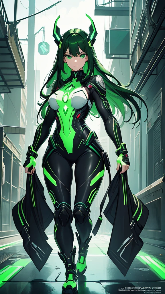 masterpiece, highest quality, (solo focus), (perfect face:1.1), (full body), (high detail:1.1), (hyper detailed eyes), dramatic, a woman with paleskin and long dark green hair, green eyes, solo, arrogant expression, neon cyberneticoutfit, white background, art by artgerm, cinematic lighting, fashion, BalenciagaStyle