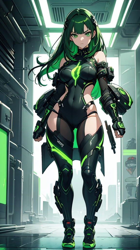masterpiece, highest quality, (solo focus), (perfect face:1.1), (full body), (high detail:1.1), (hyper detailed eyes), dramatic, a woman with paleskin and long dark green hair, green eyes, solo, arrogant expression, neon cyberneticoutfit, white background, art by artgerm, cinematic lighting, fashion, BalenciagaStyle