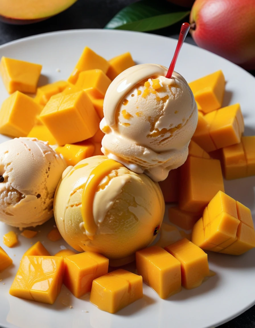 (mango fruit and mango fruit pieces and mango ice cream on a white plate), closeup, macroscopic photo, hyperdetalization, hyperrealism, beautiful foreshortening, cinematic, glow, reflexes, illuminated ((dominant three colors))