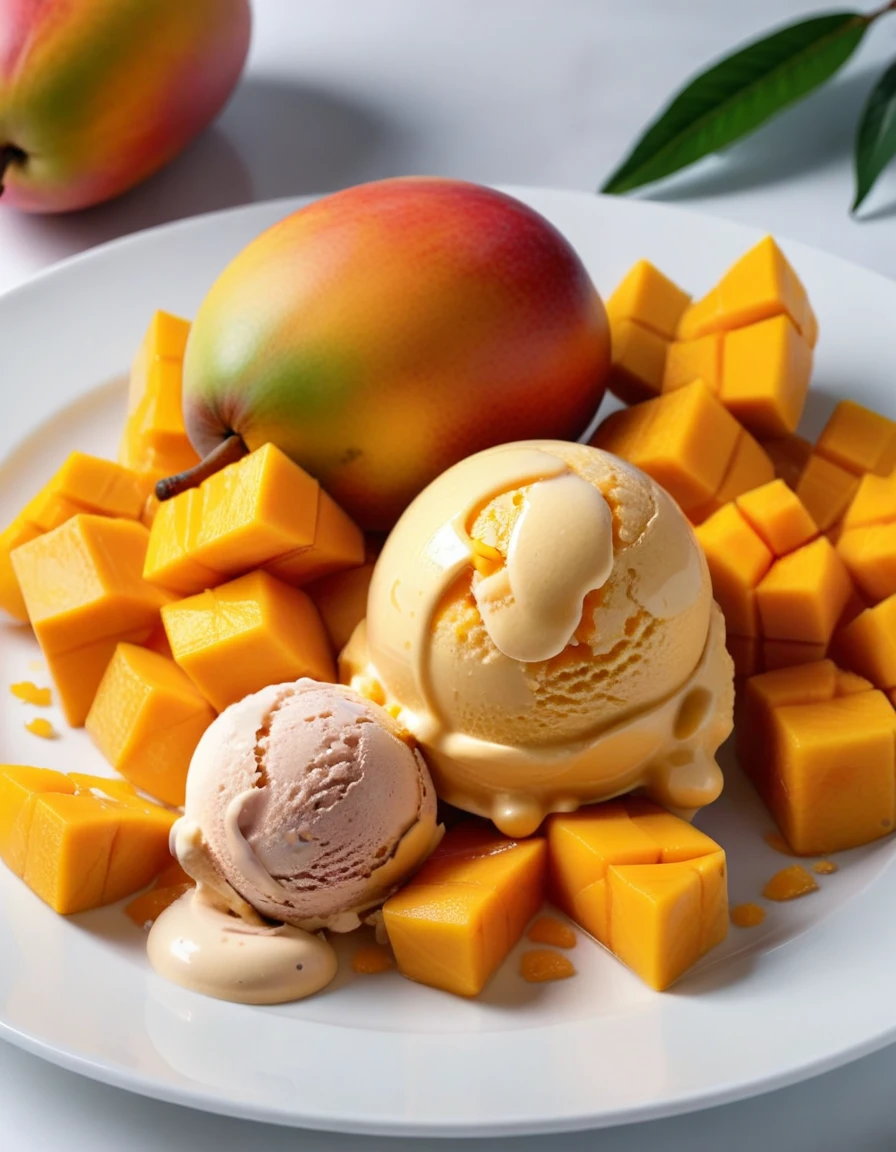 (mango fruit and mango fruit pieces and mango ice cream on a white plate), closeup, macroscopic photo, hyperdetalization, hyperrealism, beautiful foreshortening, cinematic, glow, reflexes, illuminated ((dominant three colors))