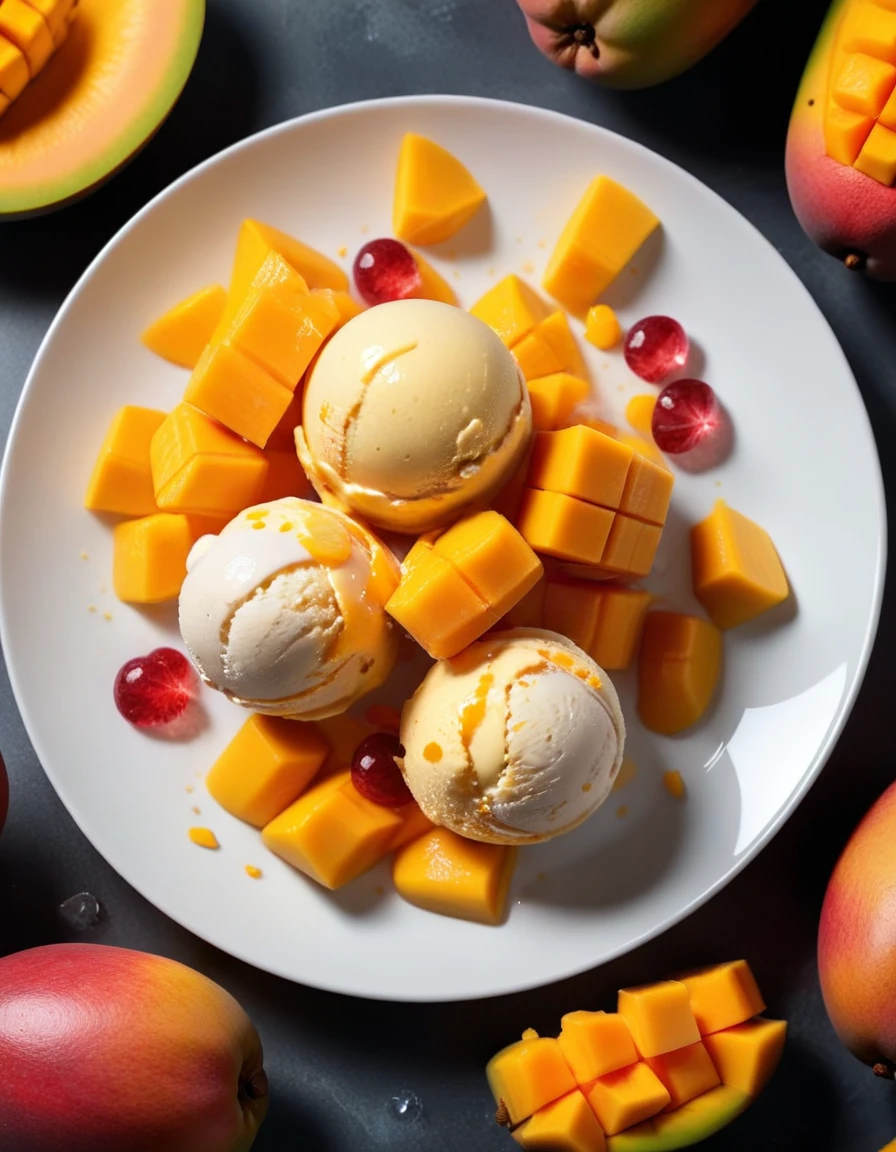 (mango fruit and mango fruit pieces and mango ice cream on a white plate), closeup, macroscopic photo, hyperdetalization, hyperrealism, beautiful foreshortening, cinematic, glow, reflexes, illuminated ((dominant three colors))