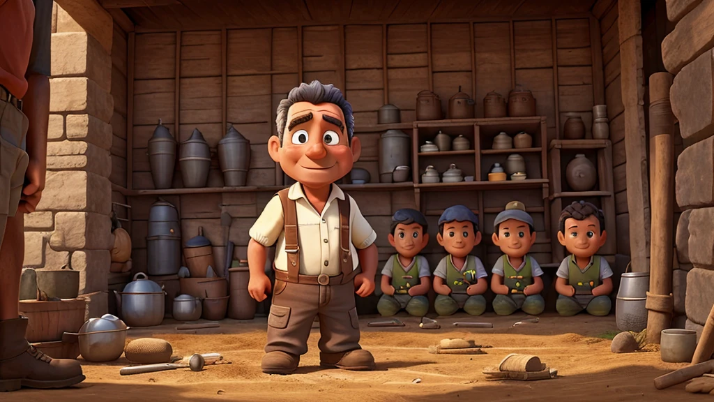 a hardworking 40 year old farmer and his friends digging with tools in various locations with expressions of hard work and determination, cartoonist work, no six fingers , no eyes damage, no face spoil