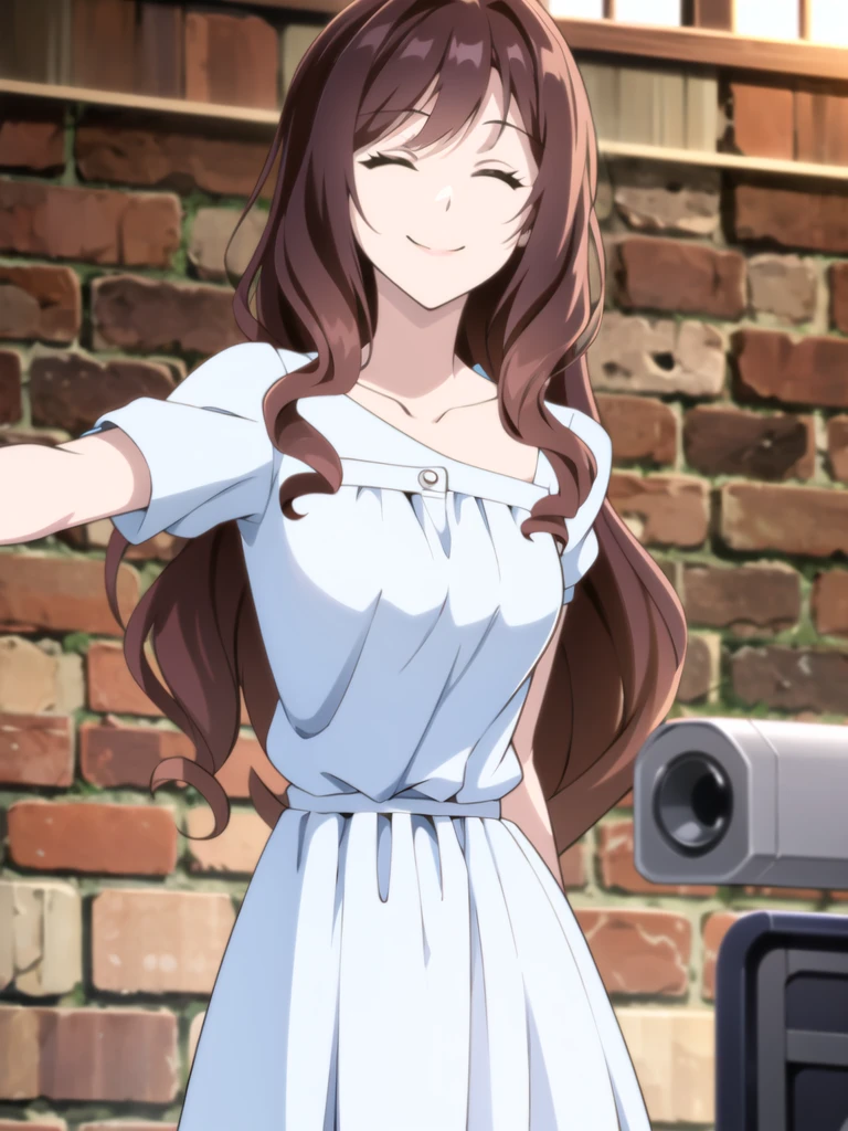 ((Best quality))), ((Ultra-detailed)), ((illustration)), ((Disheveled hair)), ((frilld)), (1 girl), (Solo),
1girl,bangs,blurry,bow,brick_wall,closed_eyes,closed_mouth,collarbone,dress,hair_flaps,indoors,long_hair,photo_(medium),smile,solo,white_dress,rating:safe,Princess_dress,
brown hair,