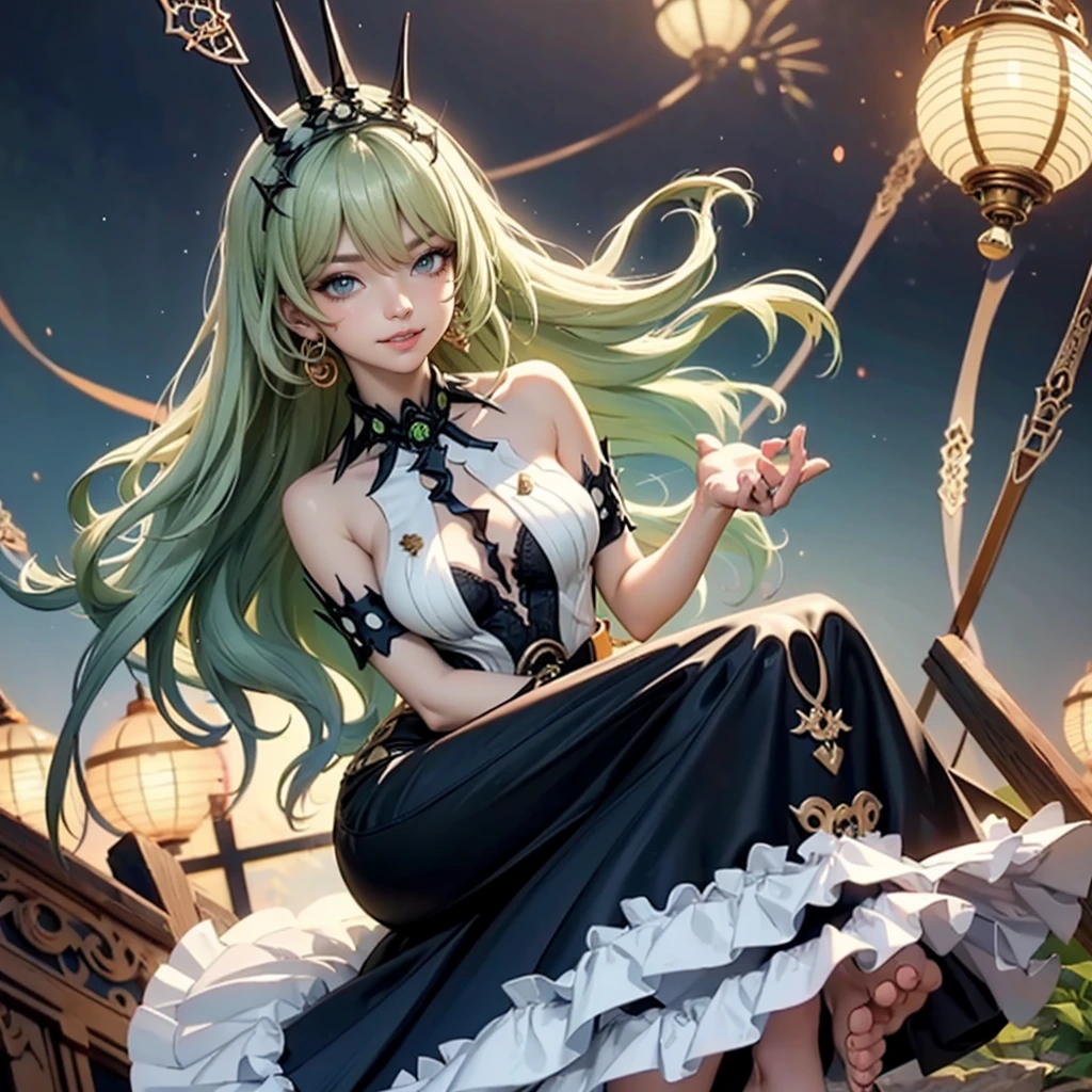 Mobius_(honkai impact 3d), ornament hair, perfectly body, perfectly hands, wave hair, light green hair, long hair, maid, maid dress, maid headdress, maid apron, garden, temple, shrine, outside, Chinese festival scenery, gold lantern, Chinese lantern, fireworks, black dress, more details on her clothes, black dress, golden details, night, smiling, ((4k, masterpiece, top-quality)),8k, best quality, high resolution, HD, (illustration:0.8), super cute girl, delicate and beautiful face, 1girl, solo, mature girl, super cute hairstyle, (beautiful detailed eyes:1.6), extremely detailed face, perfect lighting, extremely detailed CG, (perfect hands, perfect anatomy), Best quality, cleavage, skirt, full Body,