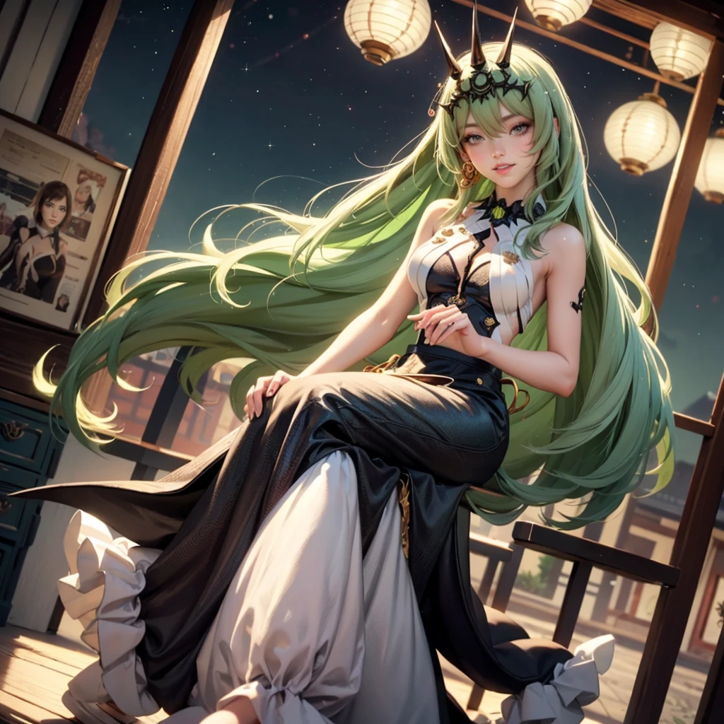 Mobius_(honkai impact 3d), ornament hair, perfectly body, perfectly hands, wave hair, light green hair, long hair, maid, maid dress, maid headdress, maid apron, garden, temple, shrine, outside, Chinese festival scenery, gold lantern, Chinese lantern, fireworks, black dress, more details on her clothes, black dress, golden details, night, smiling, ((4k, masterpiece, top-quality)),8k, best quality, high resolution, HD, (illustration:0.8), super cute girl, delicate and beautiful face, 1girl, solo, mature girl, super cute hairstyle, (beautiful detailed eyes:1.6), extremely detailed face, perfect lighting, extremely detailed CG, (perfect hands, perfect anatomy), Best quality, cleavage, skirt, full Body,