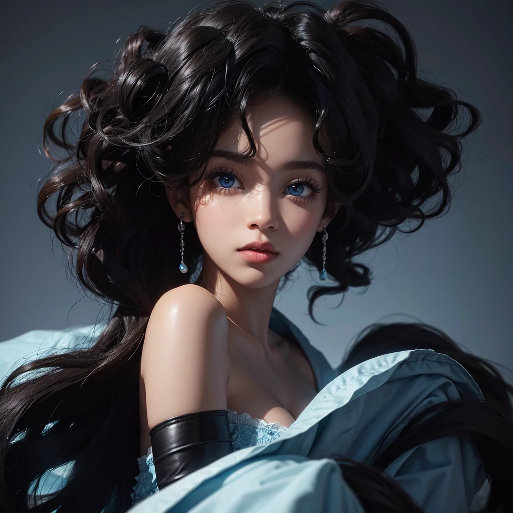 Create a curly-haired black woman with blue eyes 