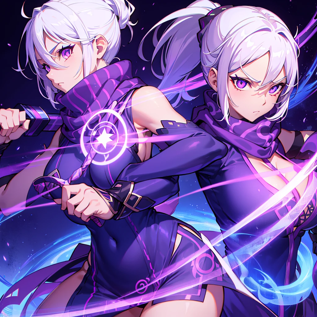 upper body, 1girl, white hair, ponytail, purple eyes, (ninja), short sword, medium breats ,scarf, wallpaper, magic circle background, light particles, blue fire,huge , cameltoe