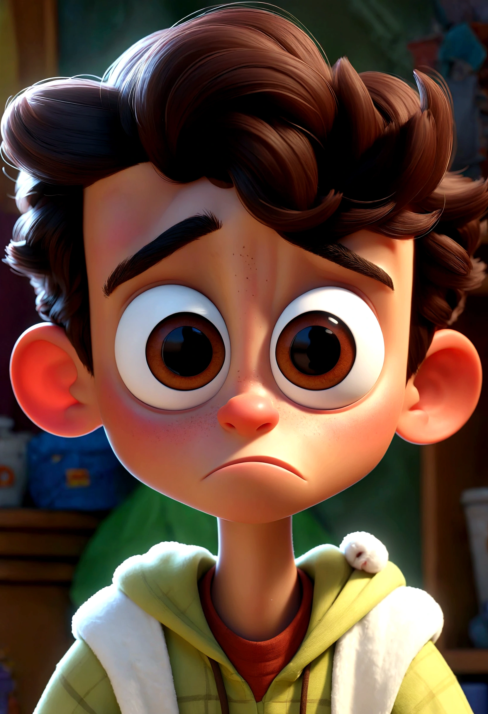 Crie um pôster 3D no estilo Disney PIXAR. ("A Pixar-style teenager character named Sensível, with a delicate appearance, big expressive eyes, always holding a tissue, and an emotional expression.")