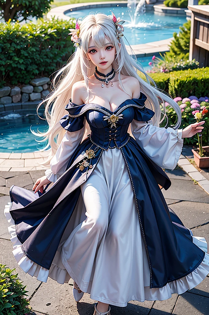 (Close-up image)((masterpiece:1.5,Highest quality,Highly detailed images,Beautiful images、Realistic、Photorealistic、2.5D))(1girl, 独奏,)(Adult women、large breasts, white hair, beautiful eyes、Beautiful cleavage)(Off-the-shoulder dress、black dress:1.5, Deep slit)(smile, wind, floating hair)(bright、Soft lighting、garden、water fountain)