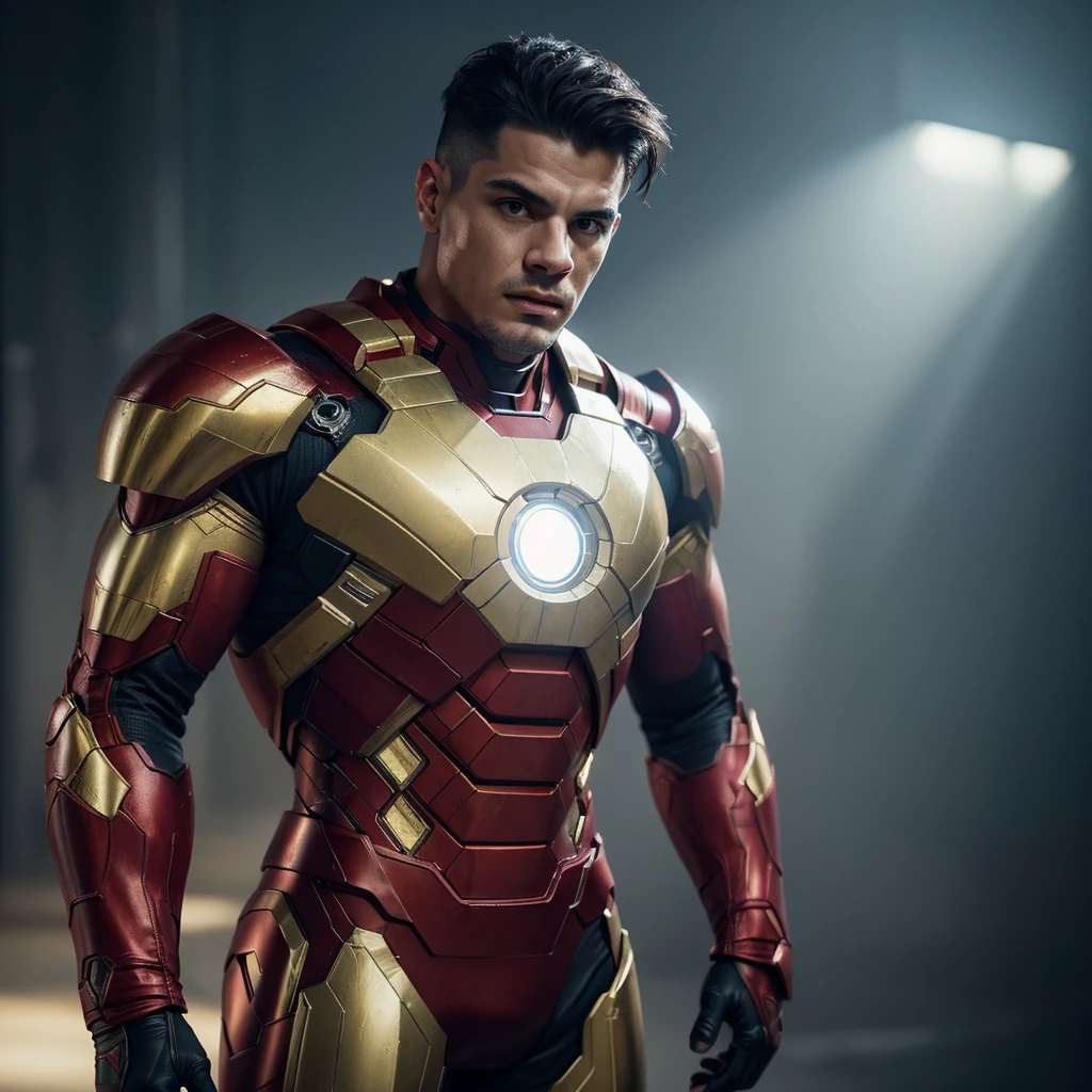 Granit Xhaka as Iron man, muscular body, piercing eyes, chiseled jawline, heroic pose, dramatic lighting, cinematic composition, rich color palette, gritty realism, (best quality,4k,8k,highres,masterpiece:1.2),ultra-detailed,(realistic,photorealistic,photo-realistic:1.37),detailed superhero suit,marvel,superhero,digital painting,oil painting,volumetric lighting,metallic sheen,strong shadows,cinematic framing