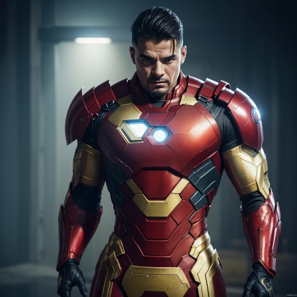 Granit Xhaka as Iron man, muscular body, piercing eyes, chiseled jawline, heroic pose, dramatic lighting, cinematic composition, rich color palette, gritty realism, (best quality,4k,8k,highres,masterpiece:1.2),ultra-detailed,(realistic,photorealistic,photo-realistic:1.37),detailed superhero suit,marvel,superhero,digital painting,oil painting,volumetric lighting,metallic sheen,strong shadows,cinematic framing
