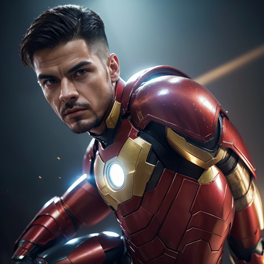 Granit Xhaka as Iron man, muscular body, piercing eyes, chiseled jawline, heroic pose, dramatic lighting, cinematic composition, rich color palette, gritty realism, (best quality,4k,8k,highres,masterpiece:1.2),ultra-detailed,(realistic,photorealistic,photo-realistic:1.37),detailed superhero suit,marvel,superhero,digital painting,oil painting,volumetric lighting,metallic sheen,strong shadows,cinematic framing