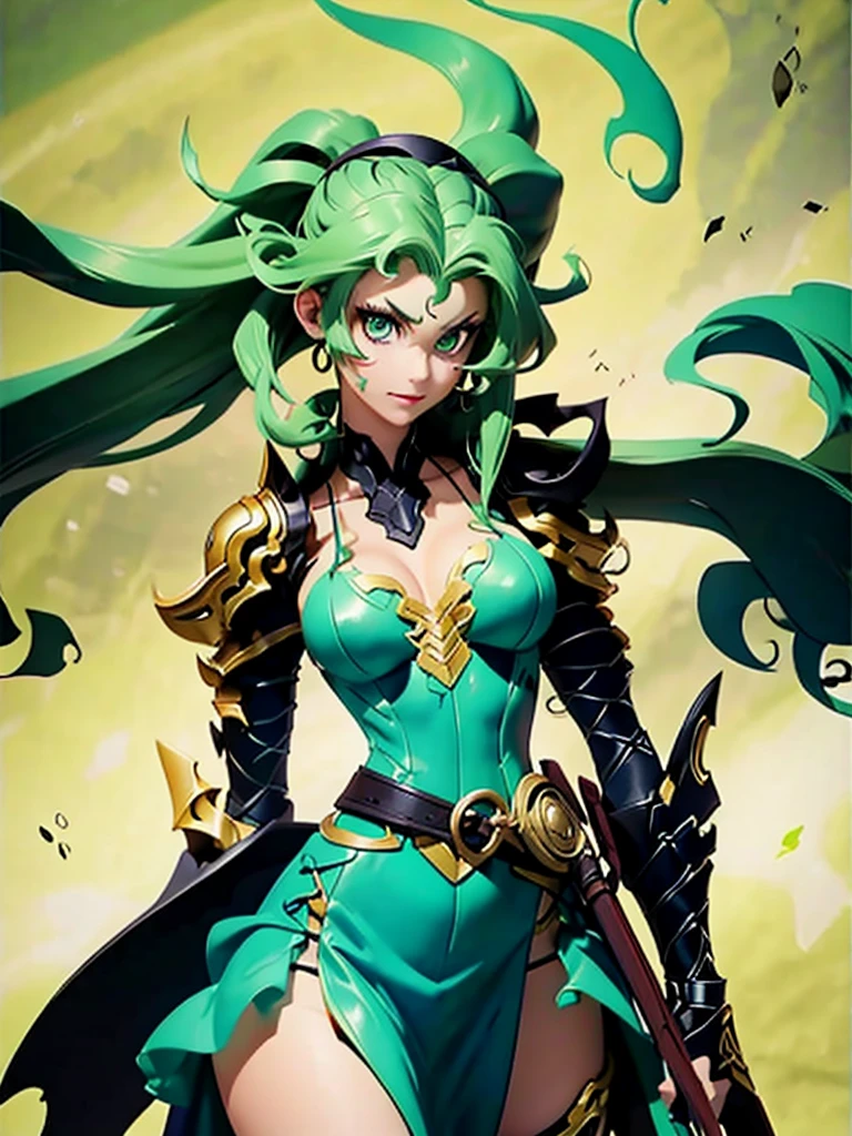 a female who has hazel eyes and green hair. Her true form is that of a tall, fully-grown curvaceous and well-endowed adult with long waving green hair. Notably, she has a scar and the crimson line that runs across her face, and pronounced lower canine teeth. Her gown is now torn into a skirt and a top, connected with a single strip across her abdomen.