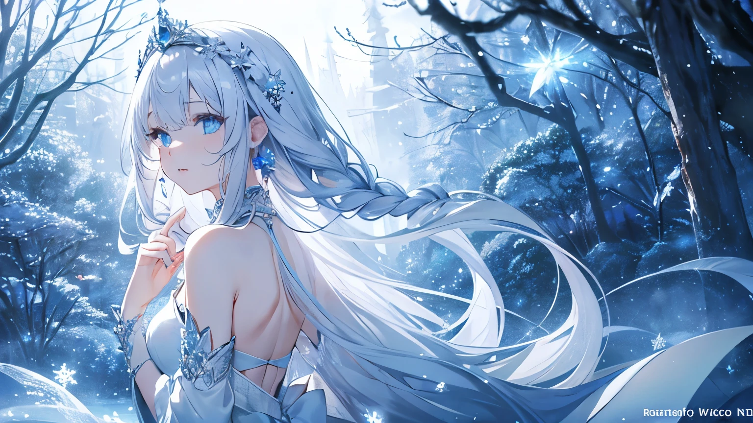 White hair girl, beautiful detailed eyes, pale skin, flowing white hair, elegant pose, fantasy setting, soft lighting, ethereal atmosphere, mesmerizing gaze, delicate features, porcelain-like complexion, long white hair cascading down her back, intricate braids adorned with flowers, silver crown on her head, sparkling snowflakes falling around her, snow-covered landscape, shimmering blue dress, graceful movement, dreamlike aura, enchanting beauty, enchanted forest, surreal color palette, delicate snowflakes melting on her fingertips, frozen breath in the air, winter wonderland scenery, magical glow surrounding her, serene expression, captivating presence, subtle hints of blue and silver, soft rays of sunlight filtering through the trees, tranquility and peace in her presence, icy blue eyes reflecting the beauty of her surroundings, dreamy and otherworldly atmosphere, a touch of mystery, artistic masterpiece, high resolution details, stunning portrait, portrait in a fairytale world.