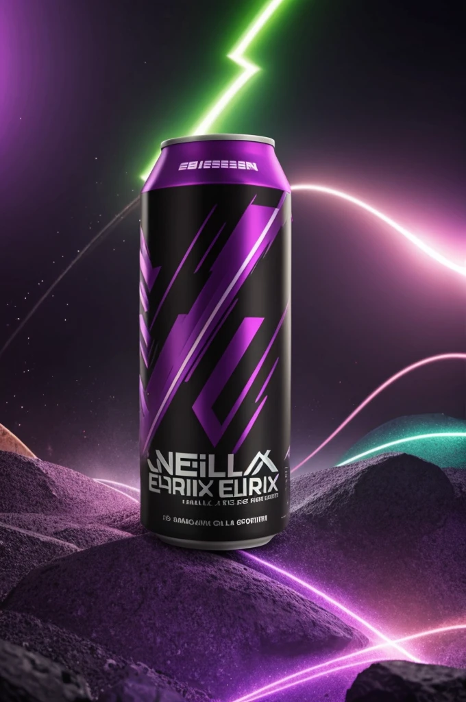 An energy drink that has the name dark elixir with purple-green and black colors with an image of an elixir
