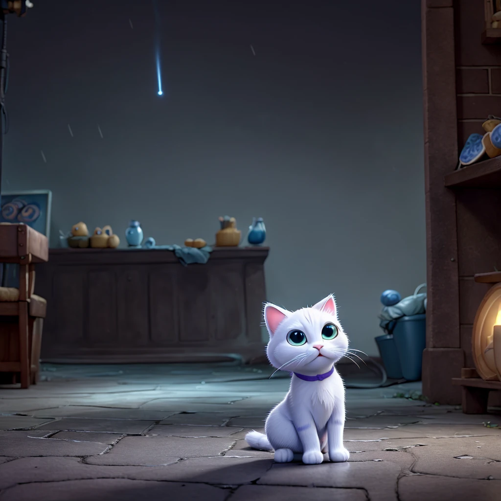 ((Best quality)), ((pixar animation)), (detailed), white kitten, on a dark street, raining a lot, lightning, is abandoned, just One cat 