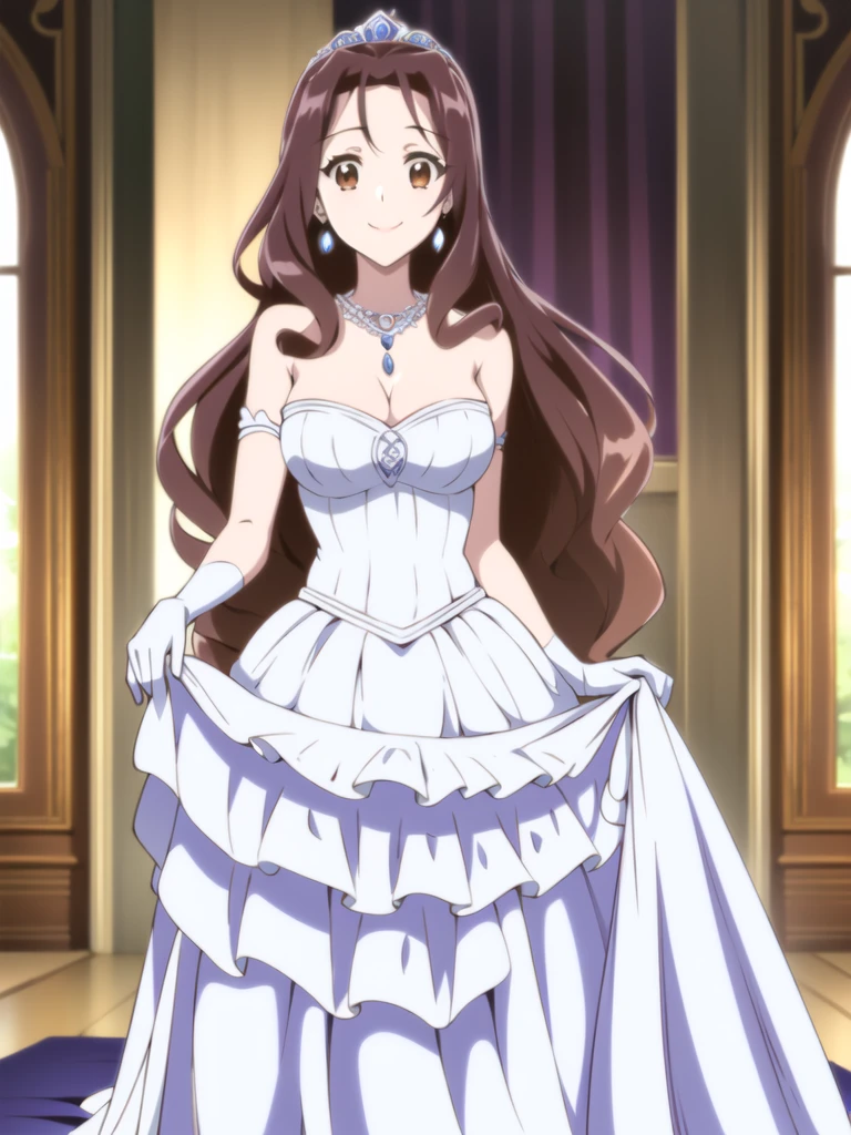 ((Best quality))),((Ultra-detailed)),((illustration)),((Disheveled hair)),((frilld)),(1 girl),(Solo),1girl,solo,rating:safe,wedding,bare_shoulders,breasts,bridal_gauntlets,bridal_veil,cleavage,clothing,crown,curtsey,dress,drop_earrings,earrings,elbow_gloves,female,female_only,gloves,headdress,headwear,jewelry,layered_dress,long_hair,looking_at_viewer,necklace,skirt_hold,smile,standing,strapless,strapless_dress,tiara,veil,very_long_hair,white_dress,white_footwear,white_gloves,
brown hair,brown_eyes,