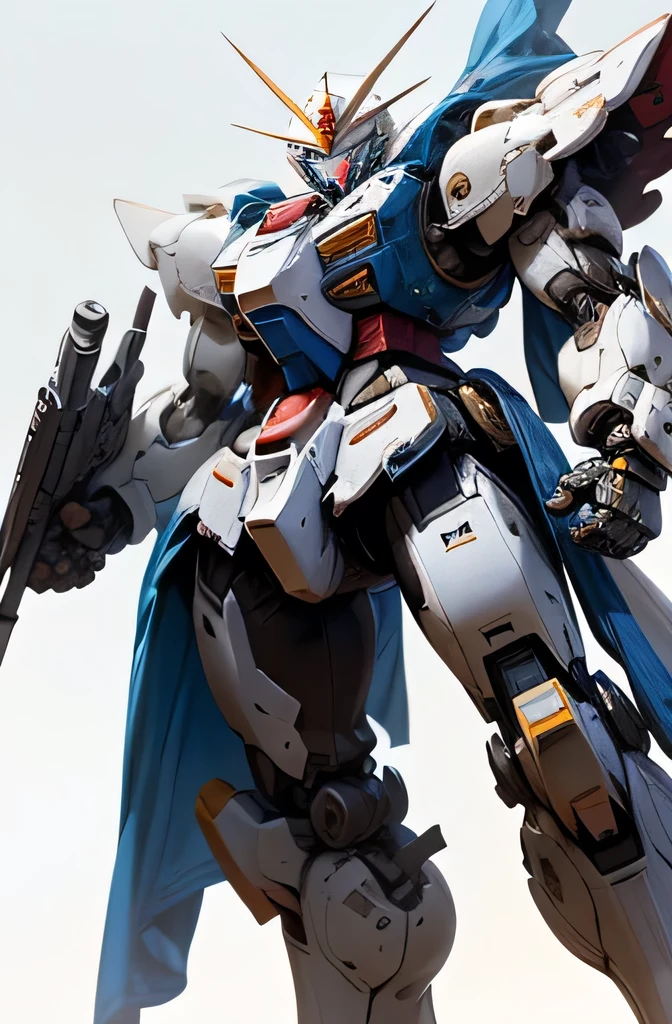 Highest quality、Fantasy、masterpiece、The whole body of a giant robot like Gundam、Blue on white、red、Yellow coloring、Glossy body with exquisite details、Well-proportioned limbs、A detailed depiction of a knight's helmet-like head、A precisely drawn Gundam-like face、Holding a large, detailed shield, Floating in outer space、Shining in the sunlight、Space War、explosion、Intersecting beams