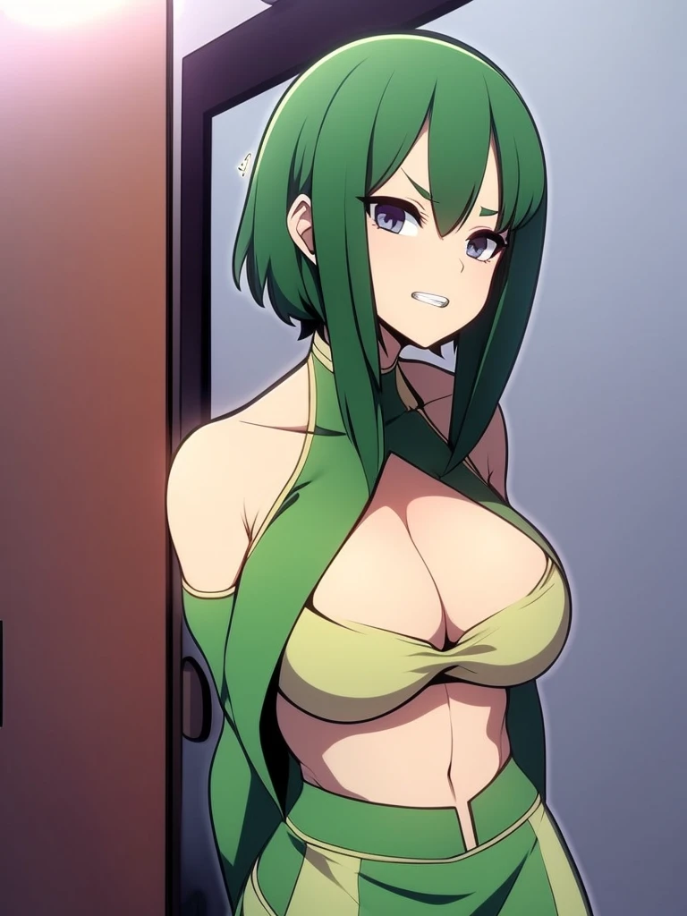 a female who has hazel eyes and green hair. Her true form is that of a tall, fully-grown curvaceous and well-endowed adult with long waving green hair. Notably, she has a scar and the crimson line that runs across her face, and pronounced lower canine teeth. Her gown is now torn into a skirt and a top, connected with a single strip across her abdomen.