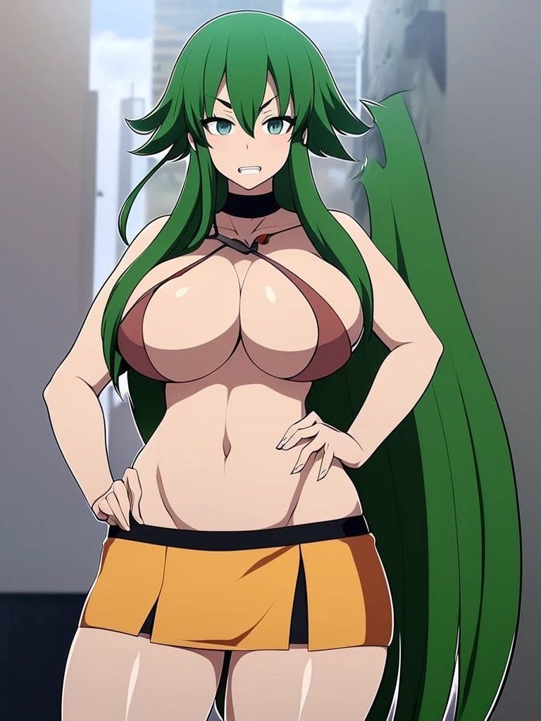 a female who has hazel eyes and green hair. Her true form is that of a tall, fully-grown curvaceous and well-endowed adult with long waving green hair. Notably, she has a scar and the crimson line that runs across her face, and pronounced lower canine teeth. Her gown is now torn into a skirt and a top, connected with a single strip across her abdomen.