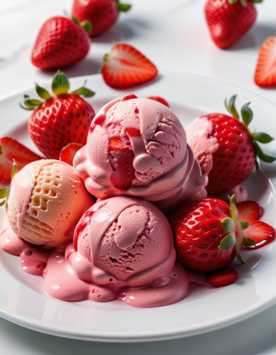 (strawberry berry and strawberry ice cream on a white plate), closeup, macroscopic photo, hyperdetalization, hyperrealism, beautiful foreshortening, cinematic, glow, reflexes, illuminated ((dominant three colors))