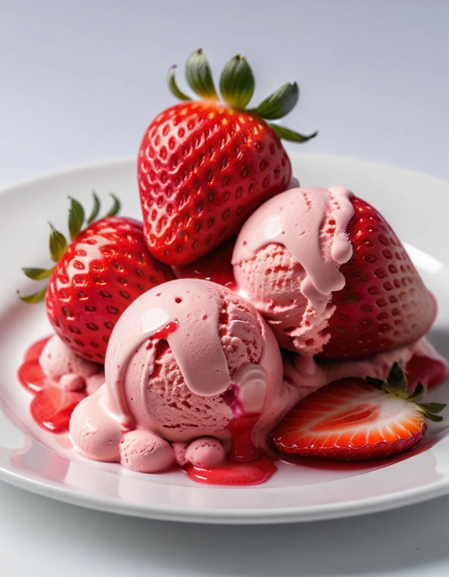 (strawberry berry and strawberry ice cream on a white plate), closeup, macroscopic photo, hyperdetalization, hyperrealism, beautiful foreshortening, cinematic, glow, reflexes, illuminated ((dominant three colors))