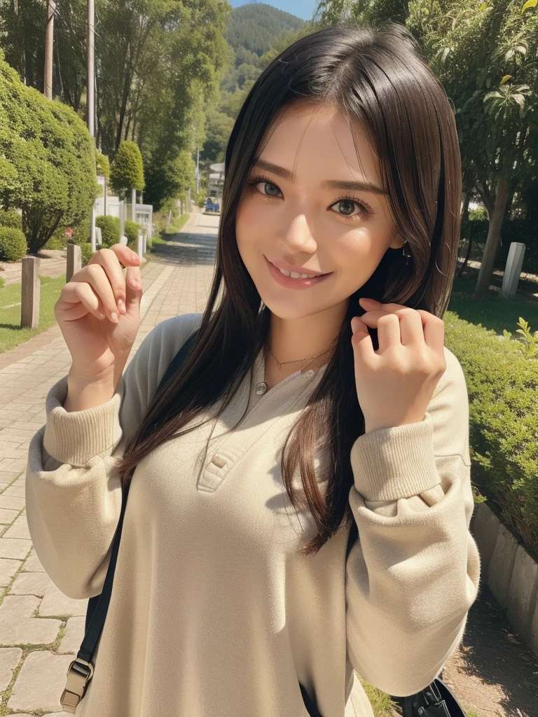 rie,One Woman,(best quality), (ultra detailed), (absolutely resolution),Face is front, 32 years old, Cover your chest with your hands, Hoodies and shorts, The color of the dress is cream, Check the pattern of the clothes, Black Hair, smile, Mountain path in the season of fresh greenery