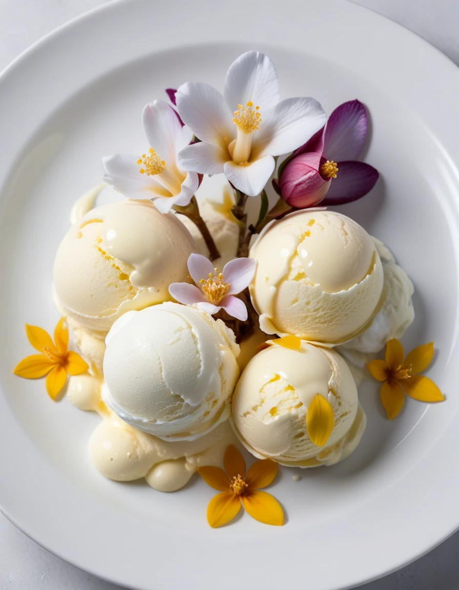 (vanilla flowers and vanilla ice cream on a white plate), closeup, macroscopic photo, hyperdetalization, hyperrealism, beautiful foreshortening, cinematic, glow, reflexes, illuminated ((dominant three colors))