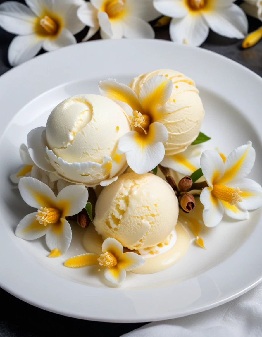 (vanilla flowers and vanilla ice cream on a white plate), closeup, macroscopic photo, hyperdetalization, hyperrealism, beautiful foreshortening, cinematic, glow, reflexes, illuminated ((dominant three colors))