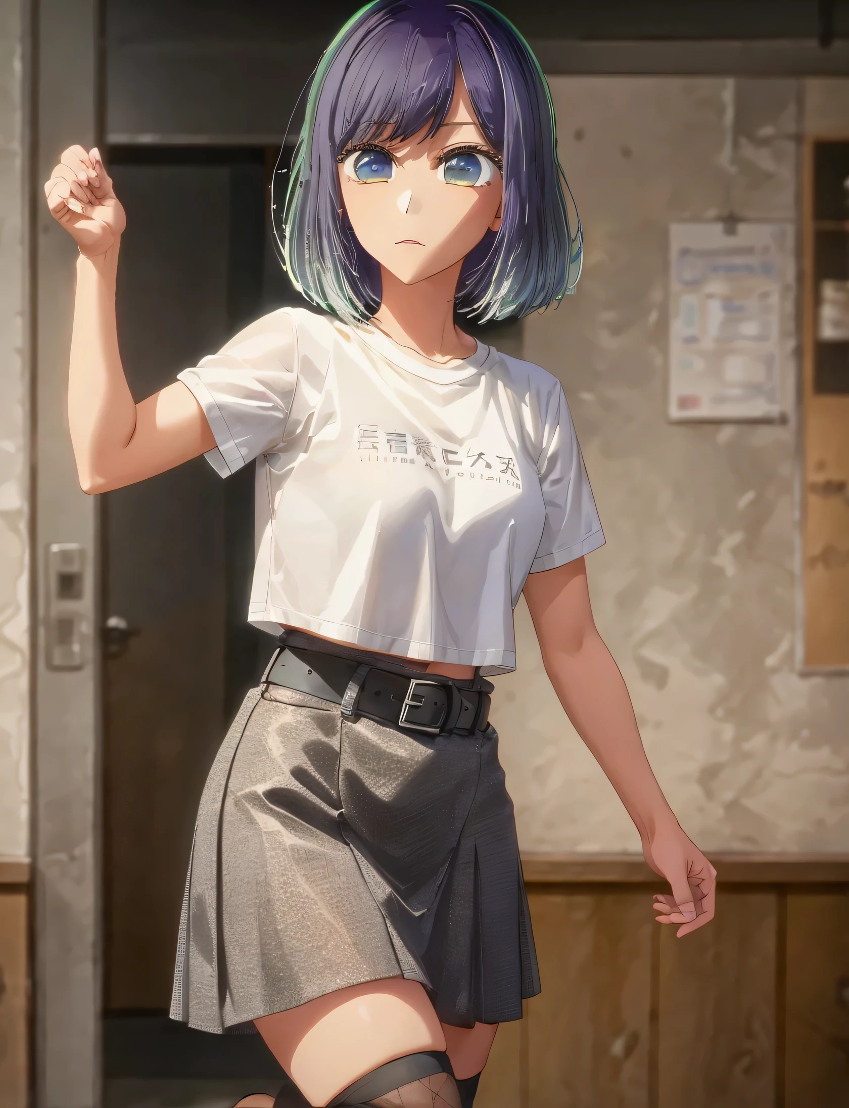 masterpiece, good quality, 1 girl, single, short t-shirt, navel, black mini skirt, white belt, black fishnet stockings, good body, detailed eyes, detailed face, beautiful, whole body