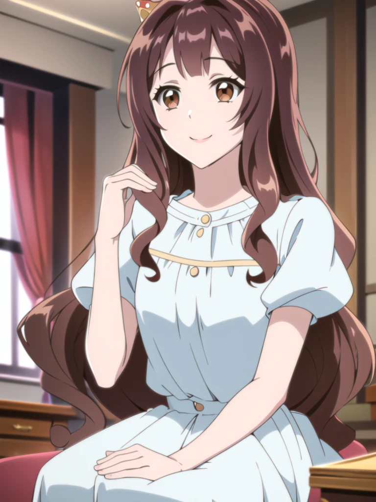 ((Best quality))), ((Ultra-detailed)), ((illustration)), ((Disheveled hair)), ((frilld)), (1 girl), (Solo),
1girl,bangs,blunt_bangs,blurry,blurry_foreground,bow,crown,depth_of_field,dress,indoors,jewelry,long_hair,photo_(medium),pov,sitting,smile,solo_focus,tiara,rating:safe,Princess_dress,
brown hair,brown_eyes,