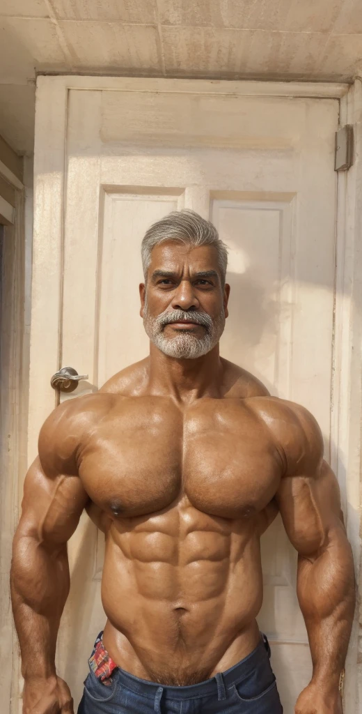 A handsome mature old indian dad with a massive beard and no shirt standing in front of a door,bald head,hyper muscular, pumped, roids, huge pecs, arms, posing together, bondage bodysuit, biceps, shoulders, male focus, centered, tan skin, grandpa, meticulous muscle definition, detailed face, big sexual energy, (60 years old)