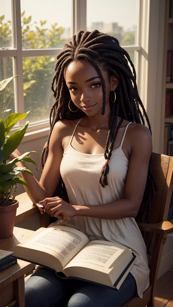 high-quality student style, 28-year-old, skinny and delicate, pretty African dark-skinned, shoulder long dreads hair, sitting by the window, reading a book, smiling, waving at the viewer, cozy room view, many plants on the wall, plants in vase, books, computer desk, ultra-wide monitor, a library of books., countryside view. stylish fashion, best quality, realistic, masterpiece