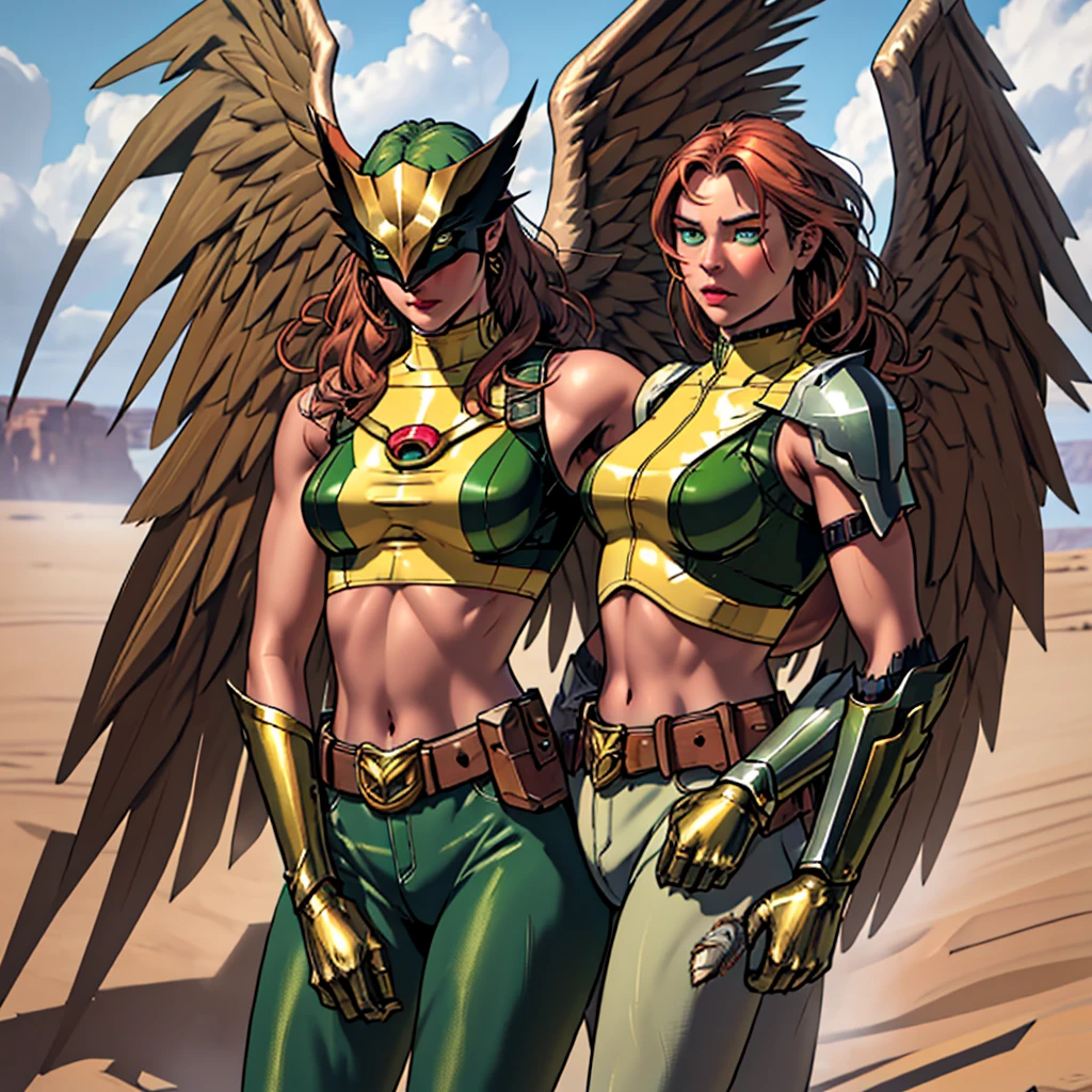 (cowboy shot), (masterpiece), (best quality:1.0), (ultra highres:1.0), highly detailed face and eyes, BREAK ShayeraDC, green eyes, mask, metal wings, wings, green and gold crop top, shoulder pauldron, gauntlets, pantyhose, midriff, belt, BREAK desert, clouds, Large breasts, thick thighs 