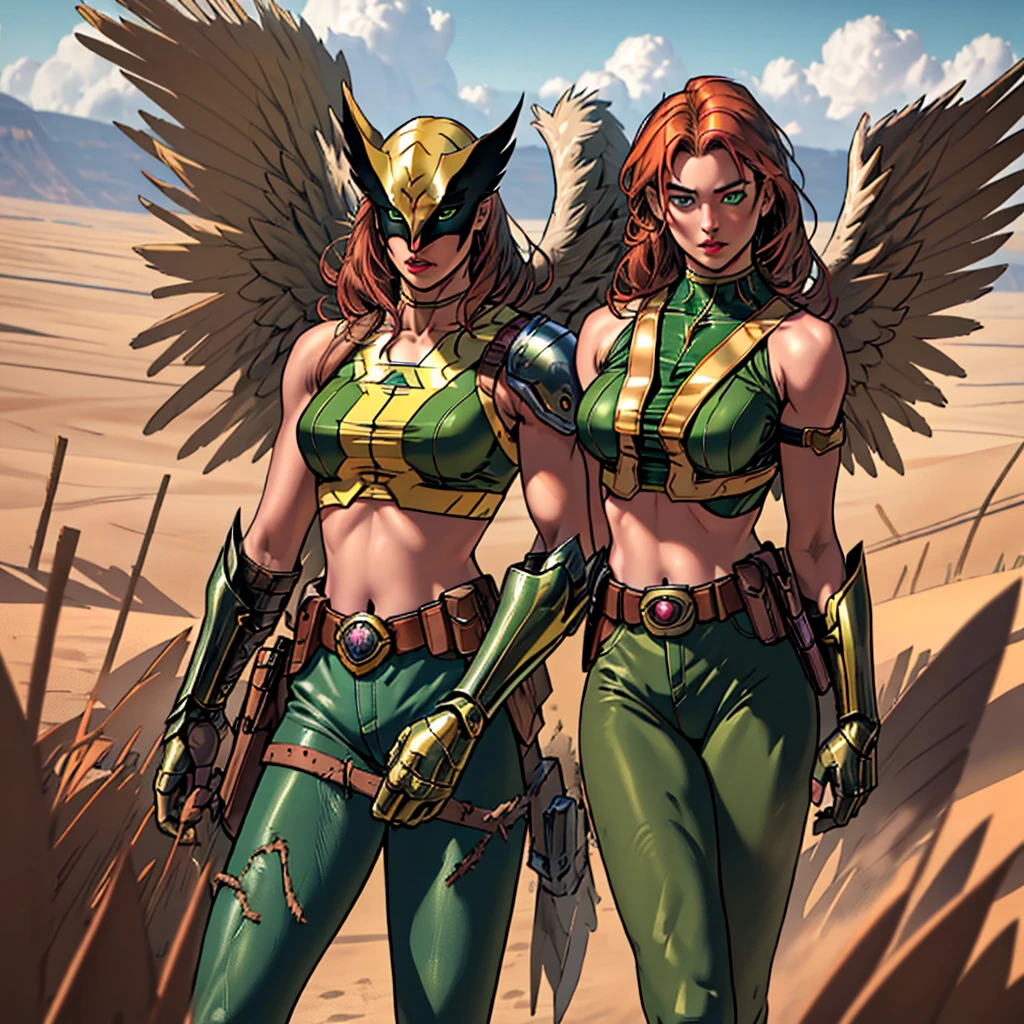 (cowboy shot), (masterpiece), (best quality:1.0), (ultra highres:1.0), highly detailed face and eyes, BREAK ShayeraDC, green eyes, mask, metal wings, wings, green and gold crop top, shoulder pauldron, gauntlets, pantyhose, midriff, belt, BREAK desert, clouds, Large breasts, thick thighs 