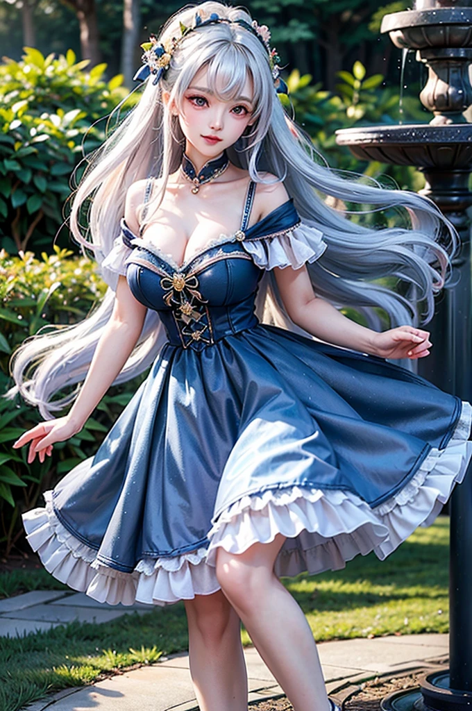 (Close-up image)((masterpiece:1.5,Highest quality,Highly detailed images,Beautiful images、Realistic、Photorealistic、2.5D))(1girl, 独奏,)(Adult women、large breasts, white hair, beautiful eyes、Beautiful cleavage)(Off-the-shoulder dress、black dress:1.5, Deep slit)(smile, wind, floating hair)(bright、Soft lighting、garden、water fountain）
