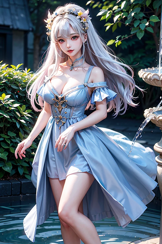 (Close-up image)((masterpiece:1.5,Highest quality,Highly detailed images,Beautiful images、Realistic、Photorealistic、2.5D))(1girl, 独奏,)(Adult women、large breasts, white hair, beautiful eyes、Beautiful cleavage)(Off-the-shoulder dress、black dress:1.5, Deep slit)(smile, wind, floating hair)(bright、Soft lighting、garden、water fountain)