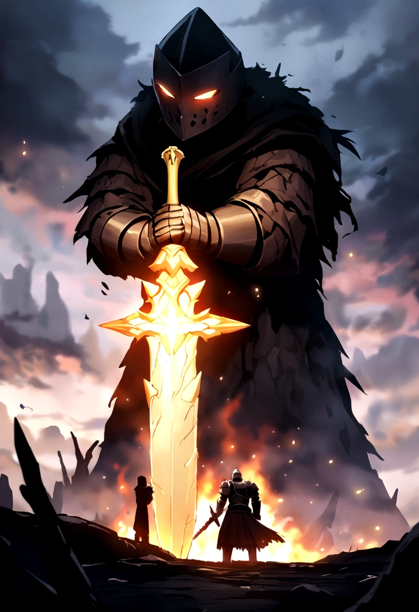 have a knight with a giant flaming sword cut down a stone golem
