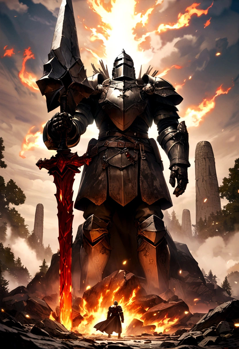have a knight with a giant flaming sword cut down a stone golem