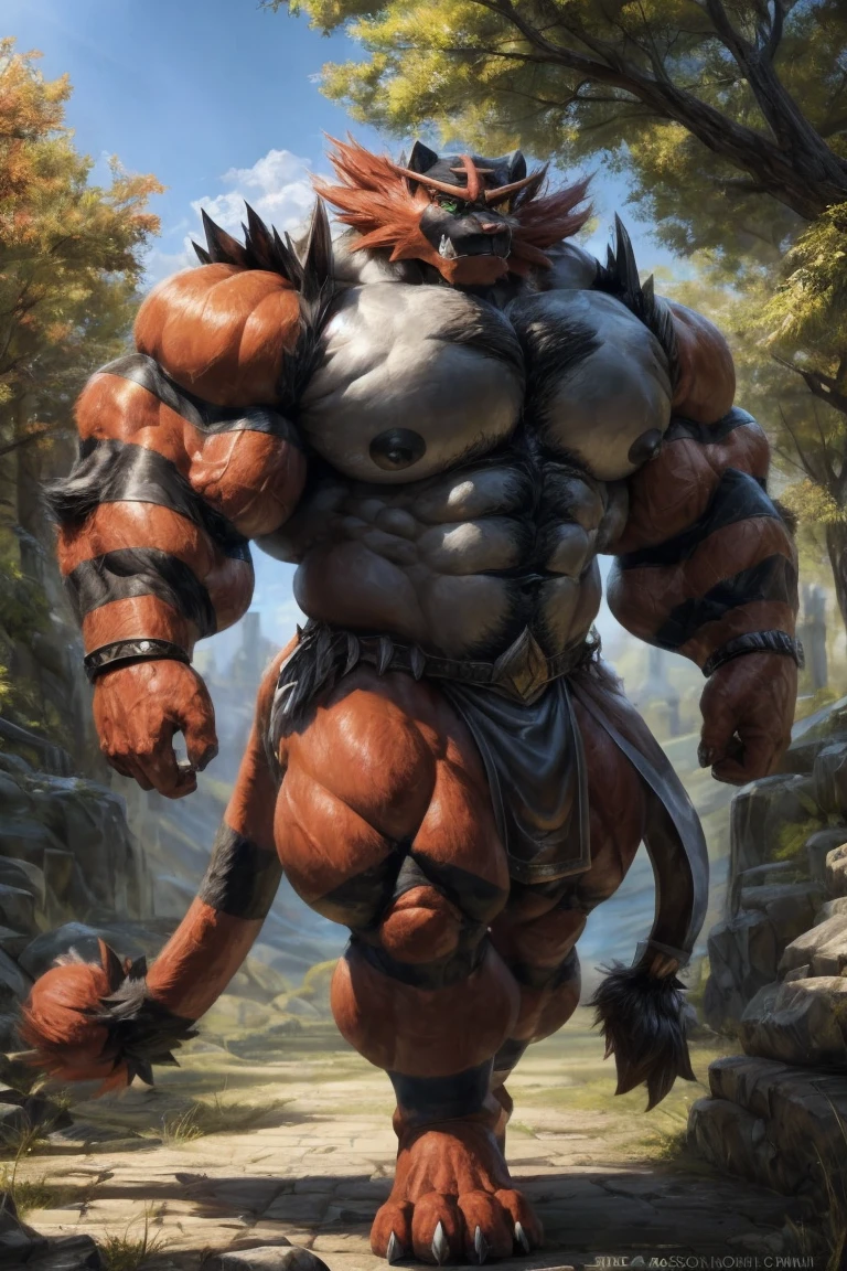 incineroar, furry, male, solo, looking at viewer, bad boy, ultra detailed, front view,pose, abs, pecs. perfect lighting, CG, detailed fur texture, by Pino Daeni, niji, black fur, white ears, yellow eyes, white skin, bodybuilder, muscular,Art,high_detailed_background, wide, wide_body, strong_body, muscular_body, visible_abs,abs,big_pecs, visible_pecs, huge_body, warrior, confident,mane, hyper_body, hyper_torso, perfect_eyes,Huge pec, muscular pec, huge pec muscle, gigachad muscular, muscular!!, large muscles, big muscle, muscular!, powerful and huge, big muscles, muscular!!!, muscular characters, musclebound and hulking, giant and fat, as a titan, muscular!! sci-fi, massive muscles, strong and imposing, big arms extre, tall, long_legs, huge, size_difference, kingdom, medieval_age, armor_loincloth,loincloth,metalic_lointhcloth, leather armor on_chest. shoulder armor. kingdom, forest, leather armor on_chest. shoulder armor. , leather armor on_chest. shoulder armor. , leather armor on_chest. shoulder armor.
