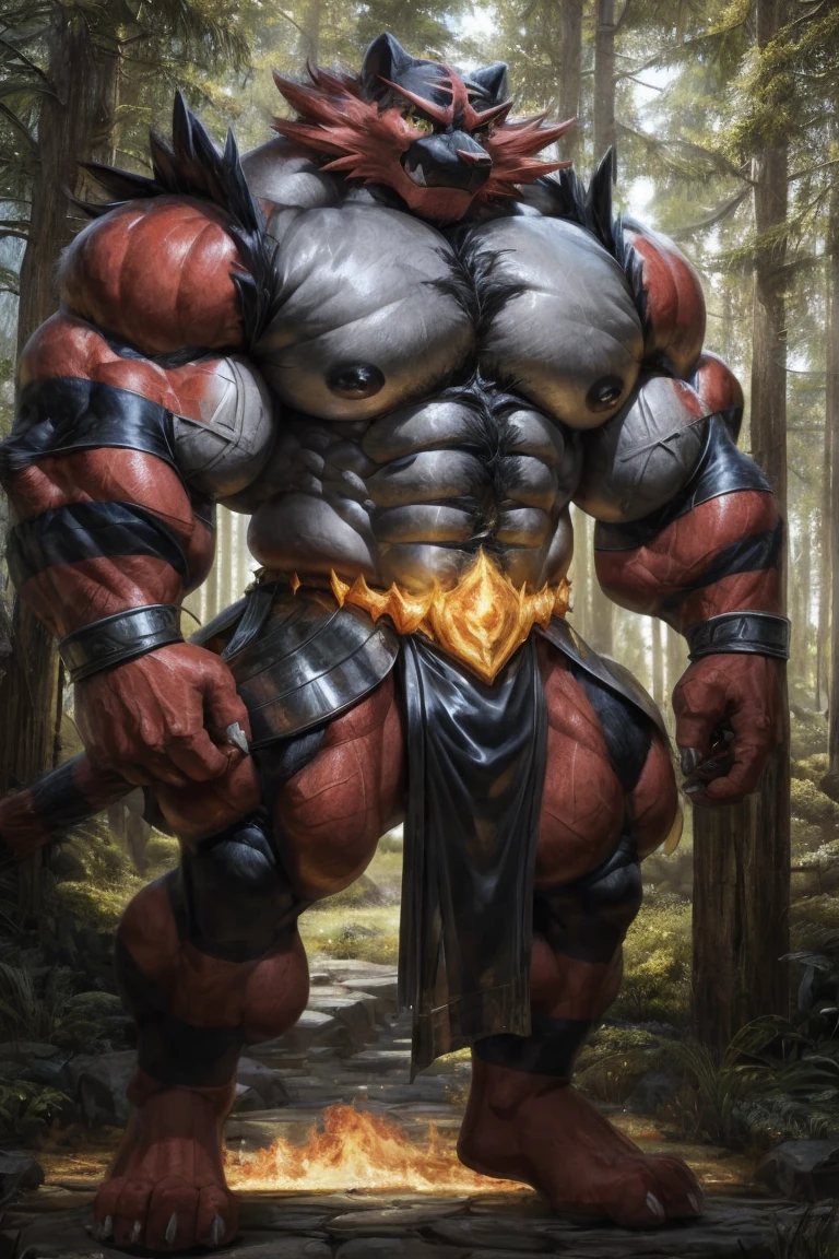 incineroar, furry, male, solo, looking at viewer, bad boy, ultra detailed, front view,pose, abs, pecs. perfect lighting, CG, detailed fur texture, by Pino Daeni, niji, black fur, white ears, yellow eyes, white skin, bodybuilder, muscular,Art,high_detailed_background, wide, wide_body, strong_body, muscular_body, visible_abs,abs,big_pecs, visible_pecs, huge_body, warrior, confident,mane, hyper_body, hyper_torso, perfect_eyes,Huge pec, muscular pec, huge pec muscle, gigachad muscular, muscular!!, large muscles, big muscle, muscular!, powerful and huge, big muscles, muscular!!!, muscular characters, musclebound and hulking, giant and fat, as a titan, muscular!! sci-fi, massive muscles, strong and imposing, big arms extre, tall, long_legs, huge, size_difference, kingdom, medieval_age, armor_loincloth,loincloth,metalic_lointhcloth, leather armor on_chest. shoulder armor. kingdom, forest, leather armor on_chest. shoulder armor. , leather armor on_chest. shoulder armor. , leather armor on_chest. shoulder armor.
