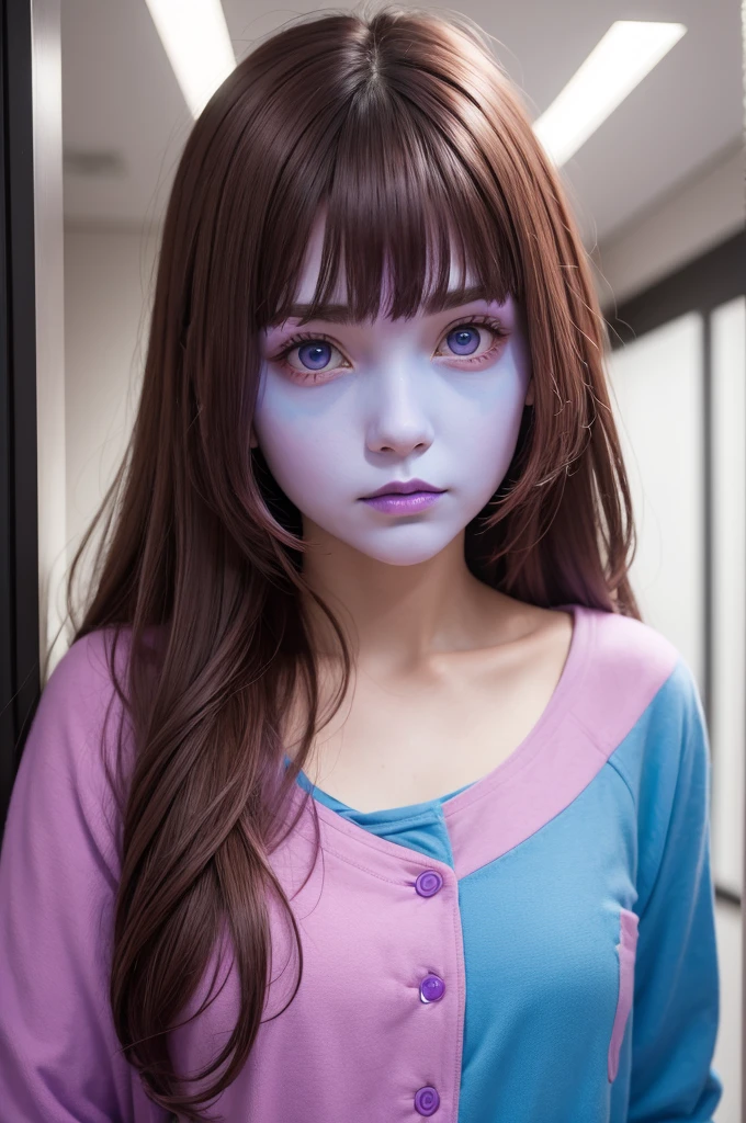 A fun horror emotion with purple face and light brown hair and super smart pink and blue clothes