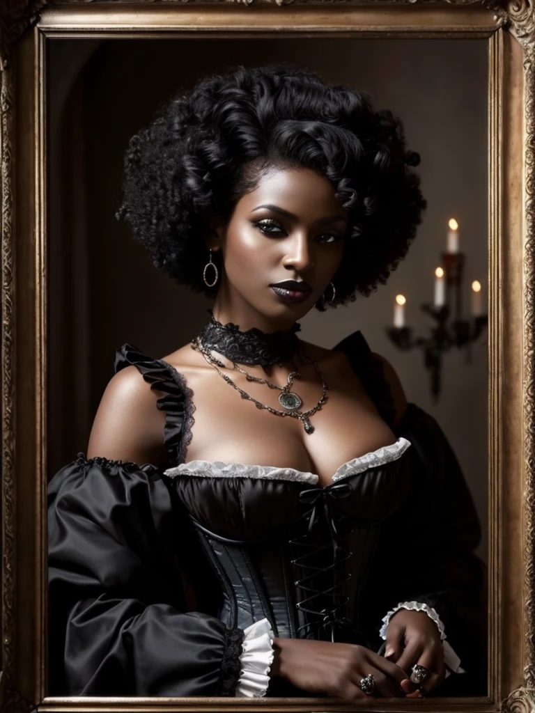 1 elegant black woman, (((Dark black skin 1.2))), Mature middle-aged woman， goth woman, vampire, goth makeup, victorian era dress, corset, corset dress, choker necklace, Dark eyeshadow，Full-body art, black skin, a dark tanned skin，Melanin pigmentation of the skin，very dark skin, violet eyes, lesvian, afro hair, short hair, renascence portrait, realist, elegant pose, dark color scheme, candlelit ilumination, vintage fashion, victorian era fashion, Victorian dress, corset, vampire fangs, fangs showing, blood, ethereal beauty, purple eyes, curly hair, afro hair, short afro hair, red and black color scheme, red lips, red and black dress, blood on the lips, vampire, lesbian vampire, gothic dress, gothic architecture, goth style, romantic style,